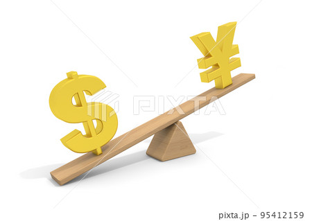 円とドルを天秤に乗せる。円安ドル高が進む。為替相場、円の価値が下がる。 95412159