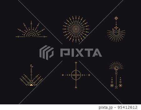 Set of moon and sun line art. Minimal boho linear symbols. Celestial mystic element. Vector line art illustration. 95412612