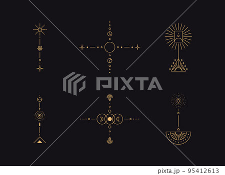 Set of moon and sun line art. Minimal boho linear symbols. Celestial mystic element. Vector line art illustration. 95412613