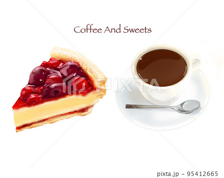喫茶店ーいちごとベリーのタルトケーキとコーヒーのイラストー手描き素材 95412665