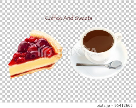 喫茶店ーいちごとベリーのタルトケーキとコーヒーのイラストー手描き素材 95412665