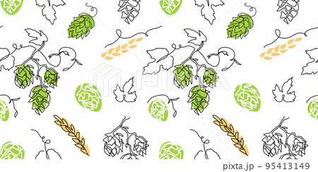 Hop cones vector pattern. One continuous line art drawing. Branch of hops with barley spikelet pattern for beer or ale label design Hop cones vector pattern. One continuous line art drawing. Branch of hops with barley spikelet pattern for beer or ale label design 95413149