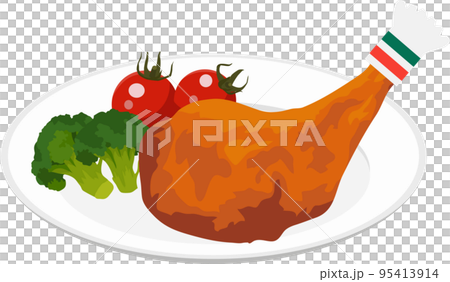 クリスマスの肉料理のローストチキンとブロッコリーとぷちとまとのイラスト　ベクター 95413914