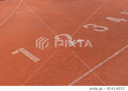 position runner athlete start point row of number in running track sports stadium. business position start up concept. 95414052