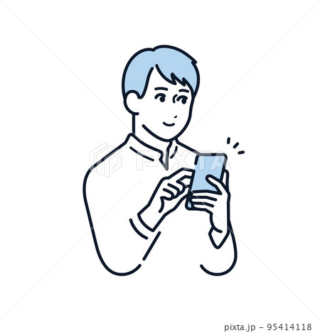 笑顔でスマホを操作する若い男性のベクターイラスト素材 95414118