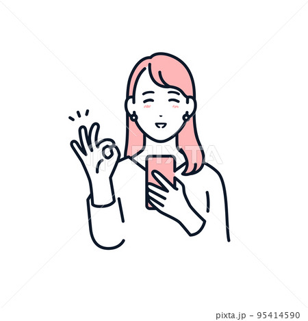 スマホを持ってOKサインをする若い女性のベクターイラスト素材 95414590
