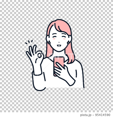 スマホを持ってOKサインをする若い女性のベクターイラスト素材 95414590