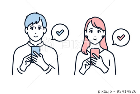スマホを操作する男女のベクターイラスト素材 95414826