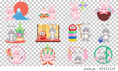 日式新年材料和兔子套裝插圖 日式新年材料和兔子套裝插圖 95415129