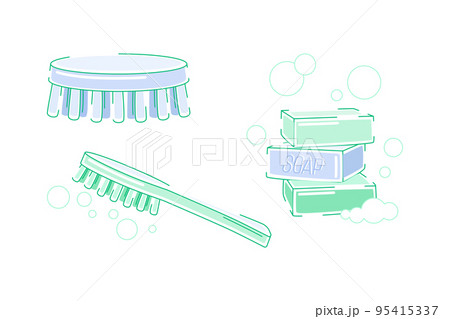 Pile of Soap Bar and Brush as Cleanup Tool and Product for Hand Washing and Hygiene Vector Set 95415337