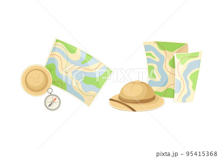 Expedition Map Depicting Geography and Route of Tourist Journey with Compass and Hat Vector Set Expedition Map Depicting Geography and Route of Tourist Journey with Compass and Hat Vector Set 95415368