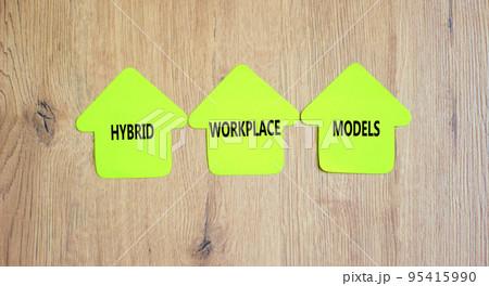 Hybrid workplace models and support symbol. Concept words Hybrid workplace models on green paper on clothespins. Beautiful wooden background. Business Hybrid workplace models quote concept. Copy space 95415990