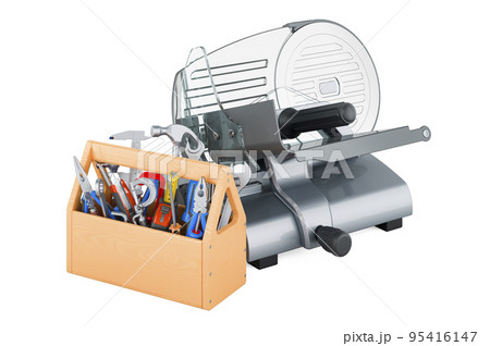 Slicing machine with tool box, 3D rendering Slicing machine with tool box, 3D rendering 95416147