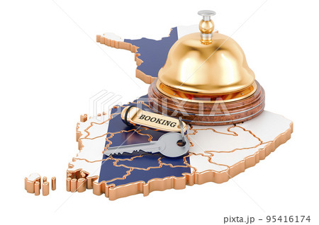 Finland booking concept. Finnish flag with hotel key and reception bell, 3D rendering 95416174