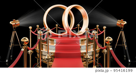 Podium with wedding rings, 3D rendering 95416199