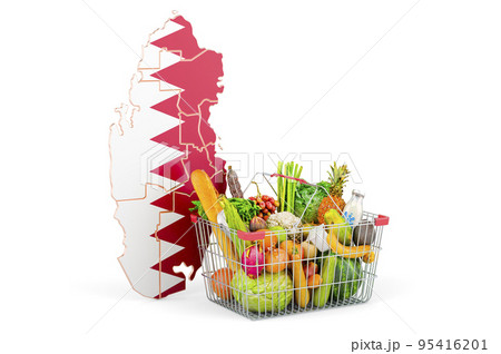 Purchasing power and market basket in Qatar concept. Shopping basket with Qatari map, 3D rendering 95416201