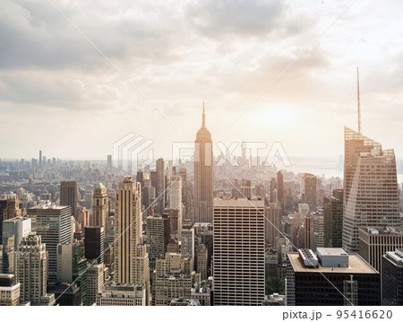 New York skyscraper towers at sunset aerial view 95416620
