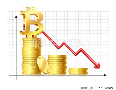 The price of bitcoin is falling. Stack of bitcoins and red down arrow. 95416989