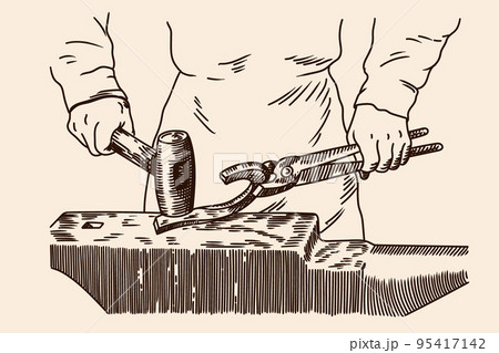 Blacksmith with hammer and anvil. 95417142