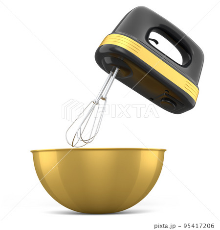Metal bowl with electric mixer kitchen appliance for blending on white table 95417206