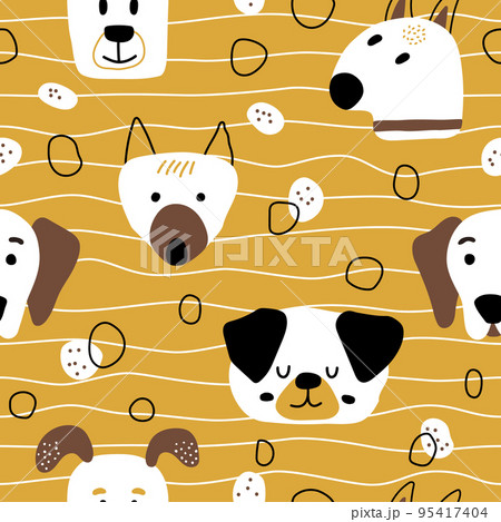 Cute dog faces on yellow background in Scandinavian style with the abstract elements 95417404