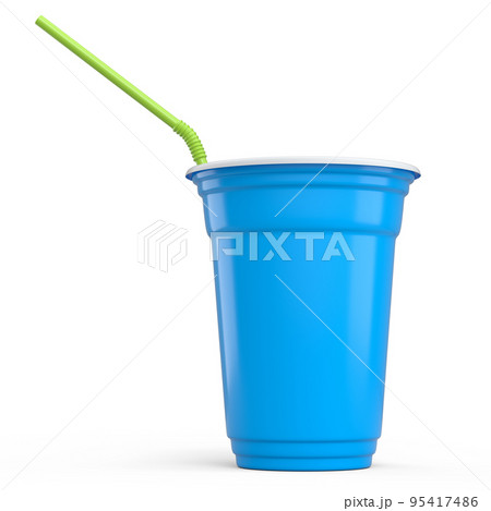Plastic disposable party cup for coffee or fresh with straw on white background. 95417486