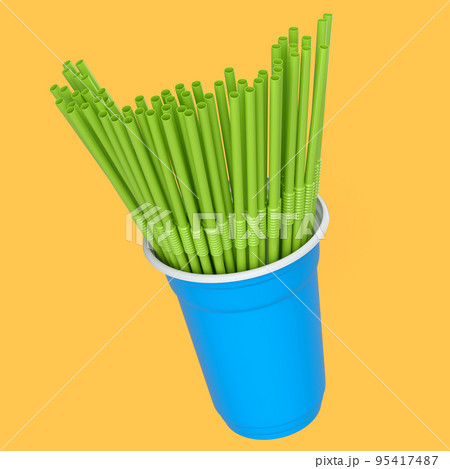 Plastic disposable party cup for coffee or fresh with heap straw on yellow. 95417487