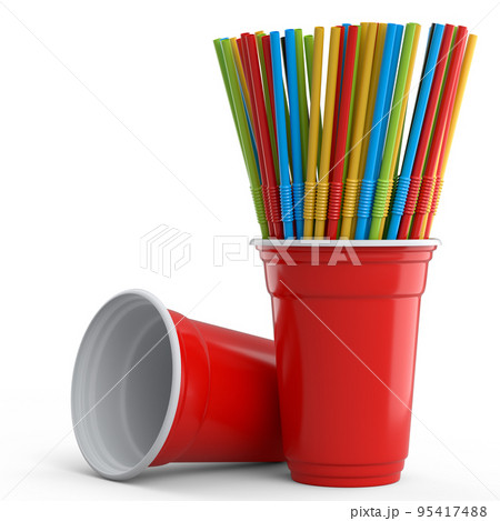 Set of plastic disposable party cups for coffee with heap straw on white 95417488