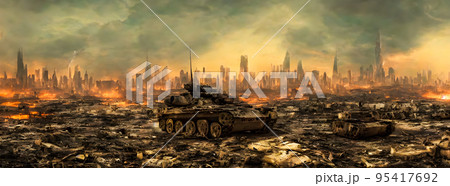 Post apocalypse. Nuclear apocalypse survivor. Ruined Cityscape. Concept. Banner size. Header Post apocalypse. Nuclear apocalypse survivor. Ruined Cityscape. Concept. Banner size. Header 95417692