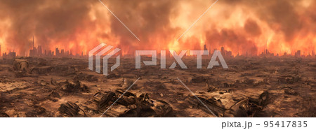 Post apocalypse. Nuclear apocalypse survivor. Ruined Cityscape. Concept. Banner size. Header 95417835