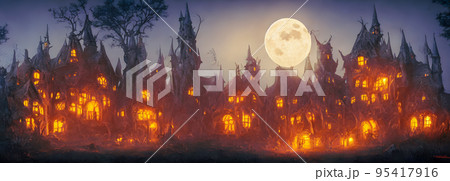 Halloween background. Witch hut. Banner size. Longer Horizontal Position. website header. 3d illustration 95417916