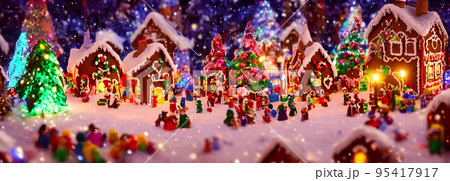 Abstract gingerbread fairy town village with bokeh and christmas lights as advent decoration. Banner size. 3d 95417917