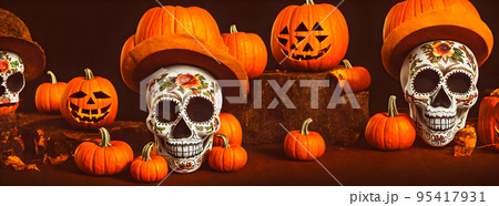 Day of the Dead skulls. Dia de los muertos. Day of the dead and mexican Halloween background. Mexican tradition festival. Day of the dead sugar skull. Dia de los Muertos 95417931