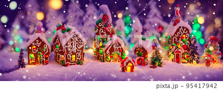 Abstract gingerbread fairy town village with bokeh and christmas lights as advent decoration. Banner size. 3d 95417942