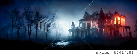 Haunted House. Creepy Atmosphere for Halloween. Fog, Moon light. Illuminated windows. Banner header size 95417981