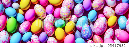 Colorful Easter Eggs Background. Banner size. 3D 95417982