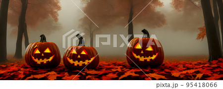 Jack O Lanterns - Halloween Background. Banner size. website header. 3d illustration 95418066