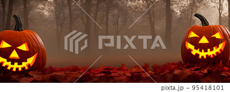 Jack O Lanterns - Halloween Background. Banner size. website header. 3d illustration Jack O Lanterns - Halloween Background. Banner size. website header. 3d illustration 95418101