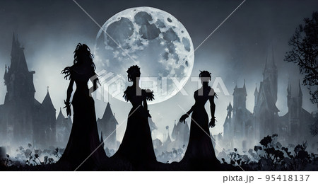 Halloween background. silhouette of a dead bride in a graveyard, cemetery. Moon light. Abstract concept. 3d Halloween background. silhouette of a dead bride in a graveyard, cemetery. Moon light. Abstract concept. 3d 95418137