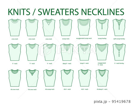 Set of necklines knits and sweaters clothes - collars, tops, blouses, dresses crew neck technical fashion illustration 95419678