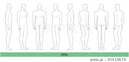 Set of XXXL Men Fashion template extra large 9 nine head size Croquis oversize Gentlemen model figure front, side, 3-4 95419679