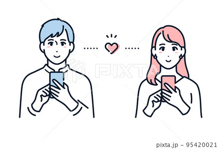 マッチングアプリを利用する若い男女のベクターイラスト素材 95420021