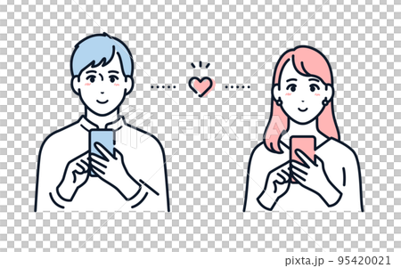 マッチングアプリを利用する若い男女のベクターイラスト素材 95420021