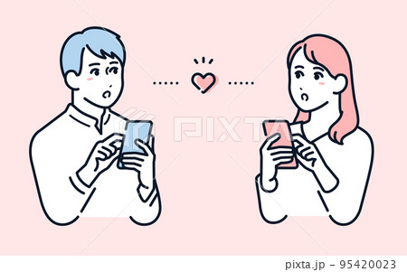 マッチングアプリを利用する若い男女のベクターイラスト素材 95420023