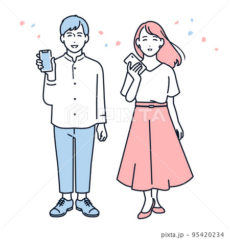 笑顔でスマホを持つ若い男女のベクターイラスト素材 95420234