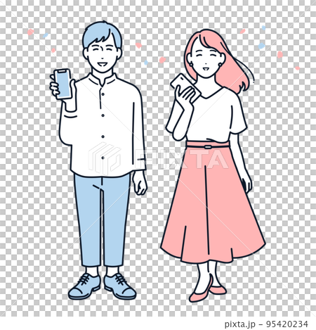 笑顔でスマホを持つ若い男女のベクターイラスト素材 95420234