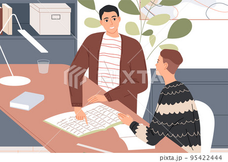 Teacher and pupil are sitting at the table. Individual lesson. 95422444