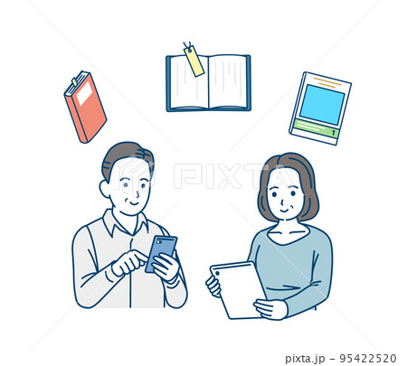 スマートフォンやタブレットで電子書籍を読む中年の男女のイラスト スマートフォンやタブレットで電子書籍を読む中年の男女のイラスト 95422520