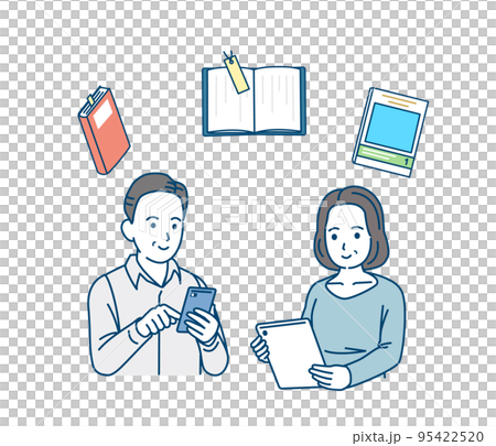 スマートフォンやタブレットで電子書籍を読む中年の男女のイラスト スマートフォンやタブレットで電子書籍を読む中年の男女のイラスト 95422520