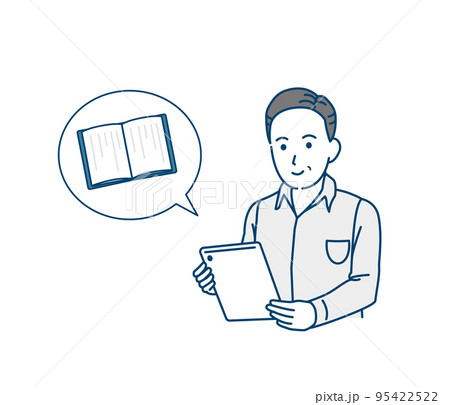タブレットで電子書籍を読む中年の男性のイラスト 95422522